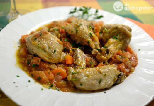 Pollo a la cazadora (pollo alla cacciatora). receta italiana en Pollo en samfaina