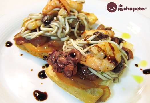 Recipe for toast of gulas, octopus and prawns
